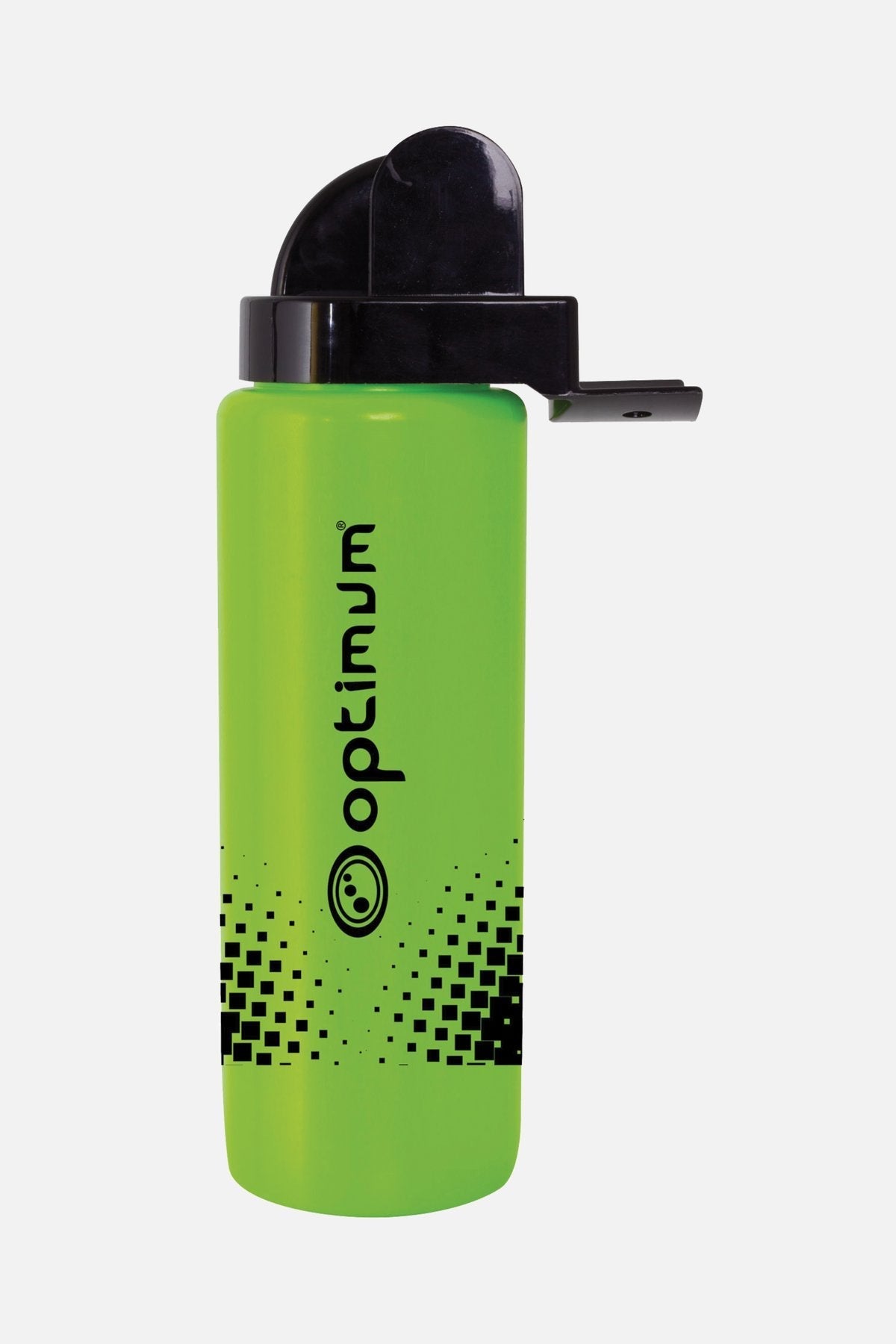 Green Optimum aqua spray water bottle with black flip cap and halftone print, upright on white - Optimum