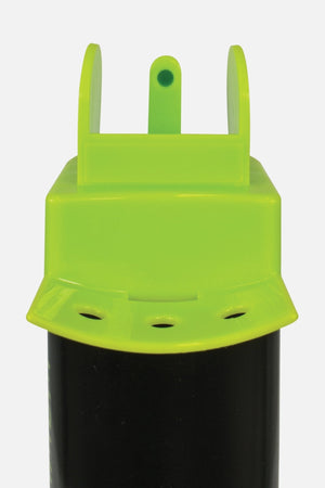 Close-up of green flip-open hygienic spray cap on black Optimum aqua water bottle, white background - Optimum