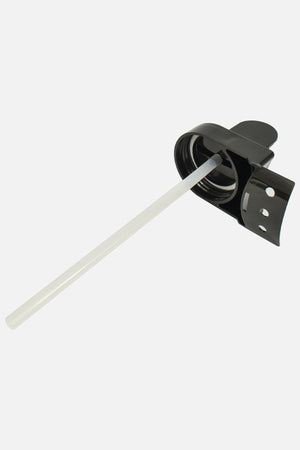 Black Optimum flip spray cap with clear drinking straw removed from bottle, on white - Optimum