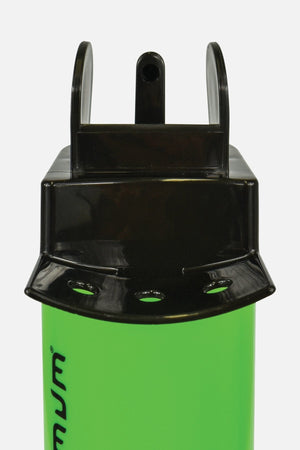 Close-up of black flip-open spray cap with three holes on green Optimum aqua bottle top, white - Optimum