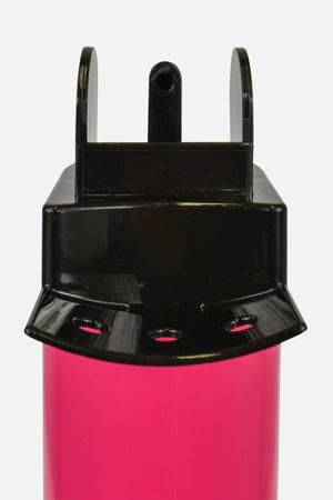 Close-up of black flip-open spray cap on pink Optimum aqua water bottle top, white background - Optimum
