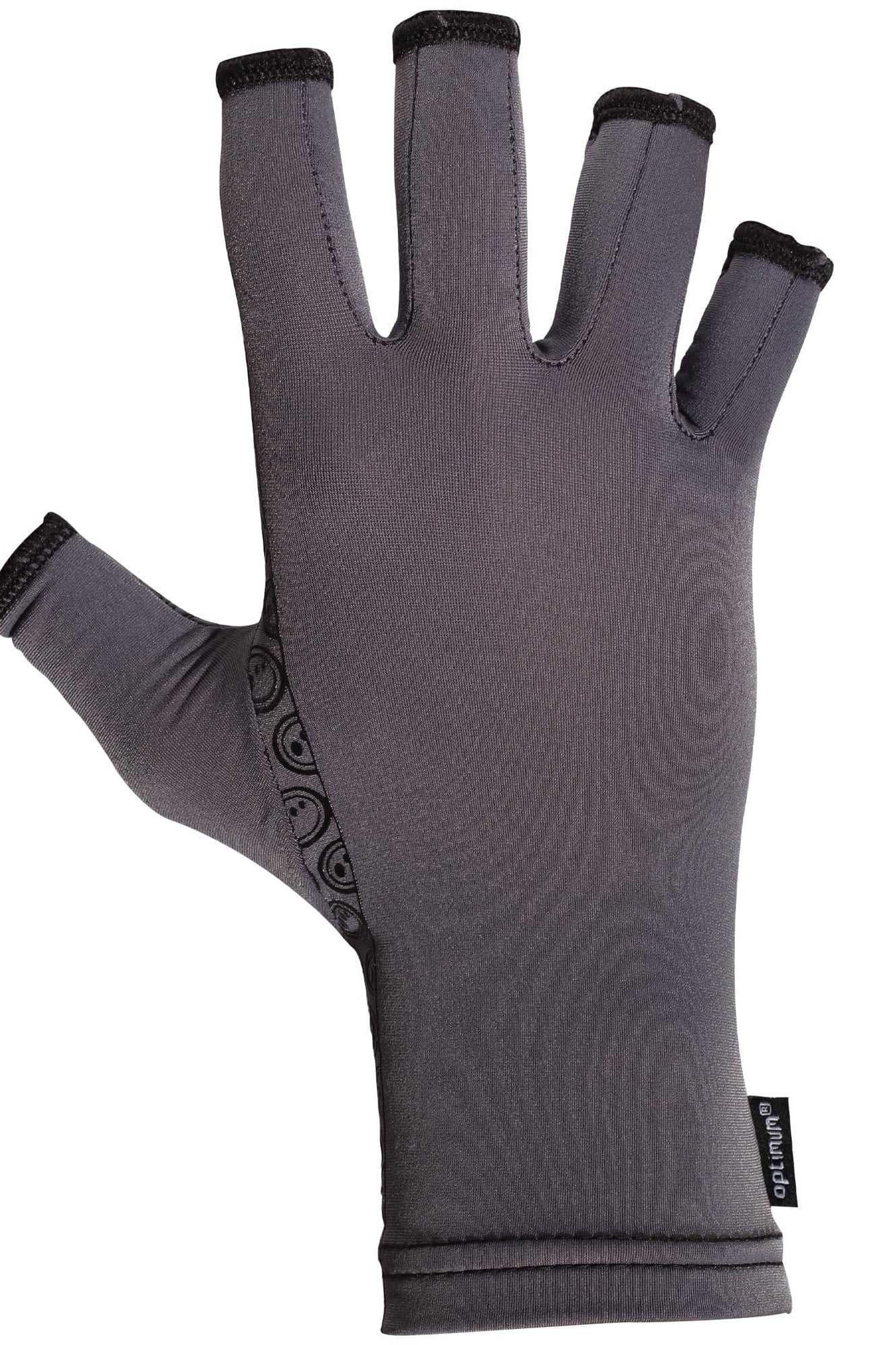 Single grey open-finger arthritis compression glove, back view on plain white - Optimum