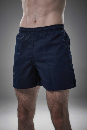 Man wearing navy Optimum Auckland rugby shorts, front view on grey studio background - Optimum