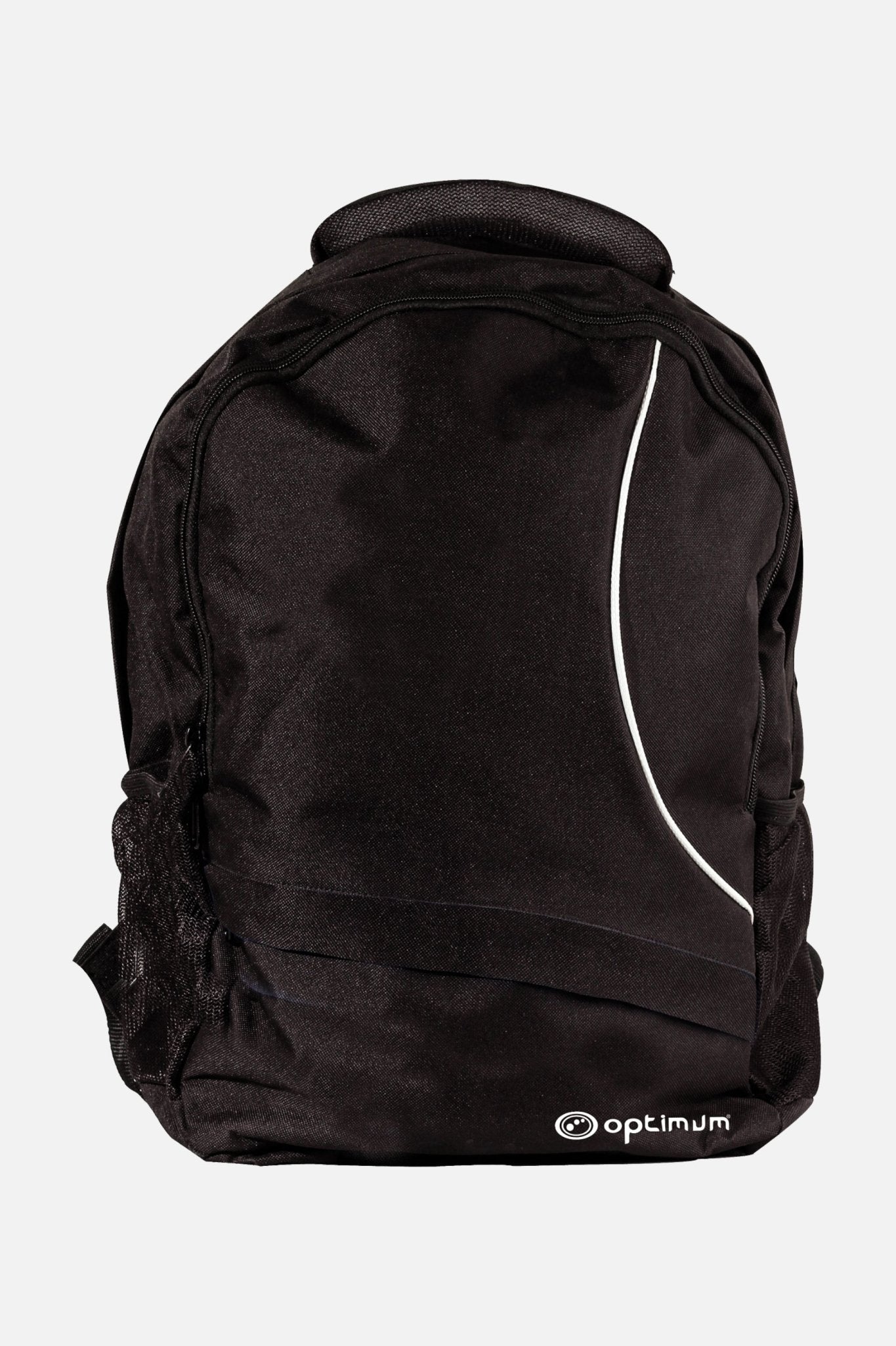 Black Optimum backpack with white curved trim, logo, mesh side pocket and top handle, front view on white - Optimum