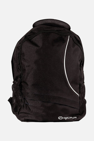 Black Optimum backpack with white curved trim, logo, mesh side pocket and top handle, front view on white - Optimum