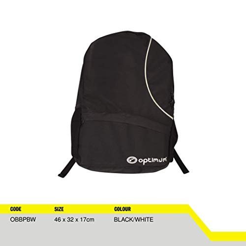 Black and white Optimum backpack with spec table showing size 46x32x17cm, angled view on white - Optimum