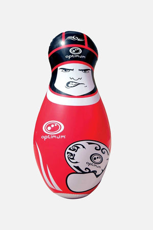 Red Optimum inflatable rugby tackle buddy with printed face, scrum cap and logo, on pale background - Optimum