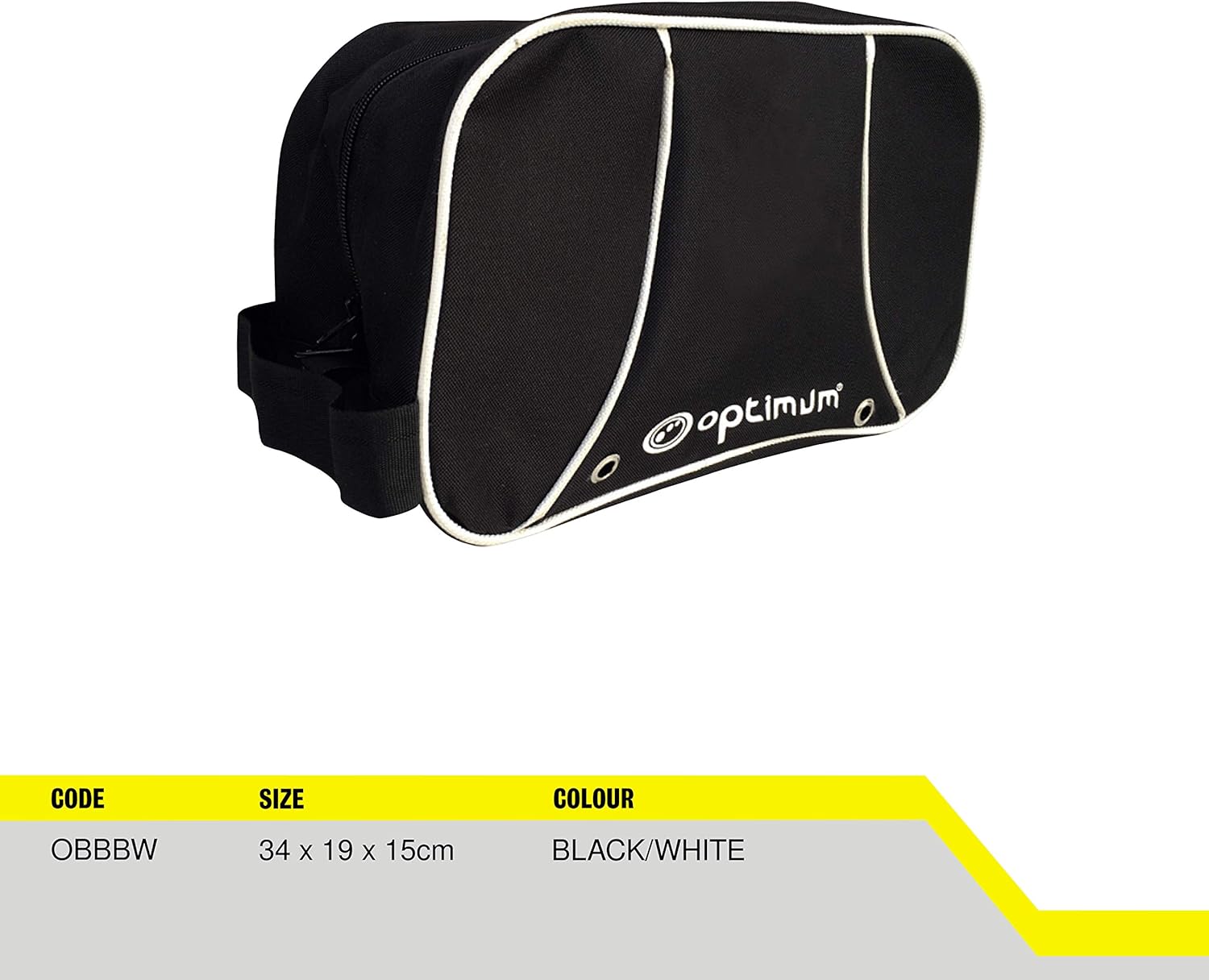 Black and white Optimum boot bag with spec table showing size 34x19x15cm, angled view on white - Optimum