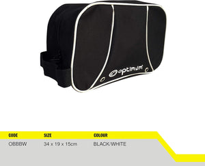 Black and white Optimum boot bag with spec table showing size 34x19x15cm, angled view on white - Optimum