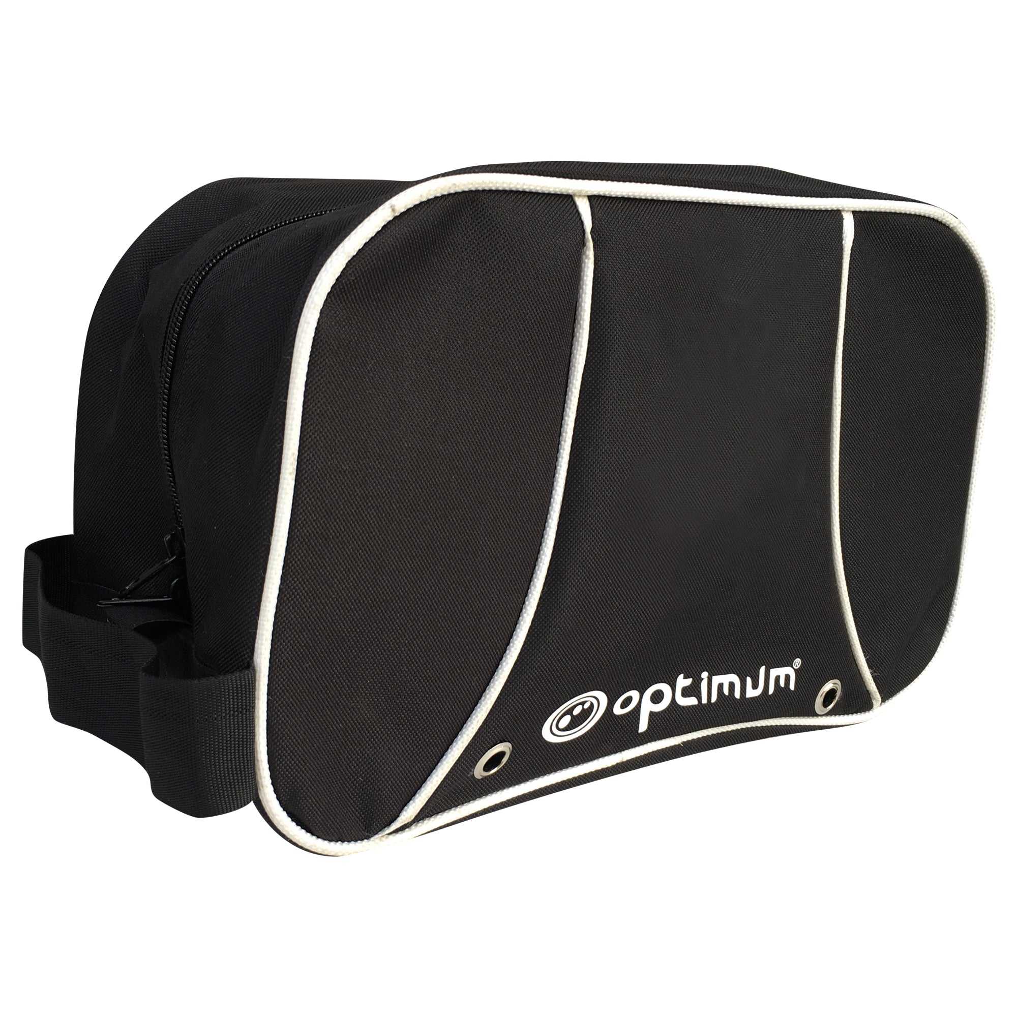 Black Optimum boot bag with white piping, logo, side zip and carry handle, angled view on white - Optimum