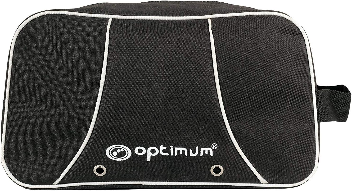 Black Optimum boot bag with white piping trim, logo, vent eyelets and side handle, on white - Optimum