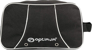 Black Optimum boot bag with white piping trim, logo, vent eyelets and side handle, on white - Optimum