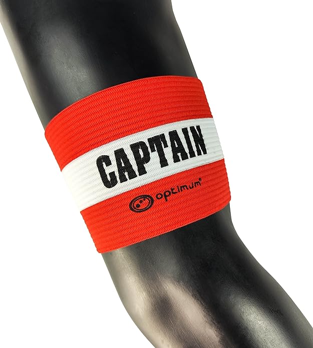 Red Optimum captain's armband with white CAPTAIN stripe on a black mannequin arm, on white - Optimum