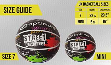 Street Basketball size guide comparing Size 7 and Mini balls with UK sizes table - Optimum