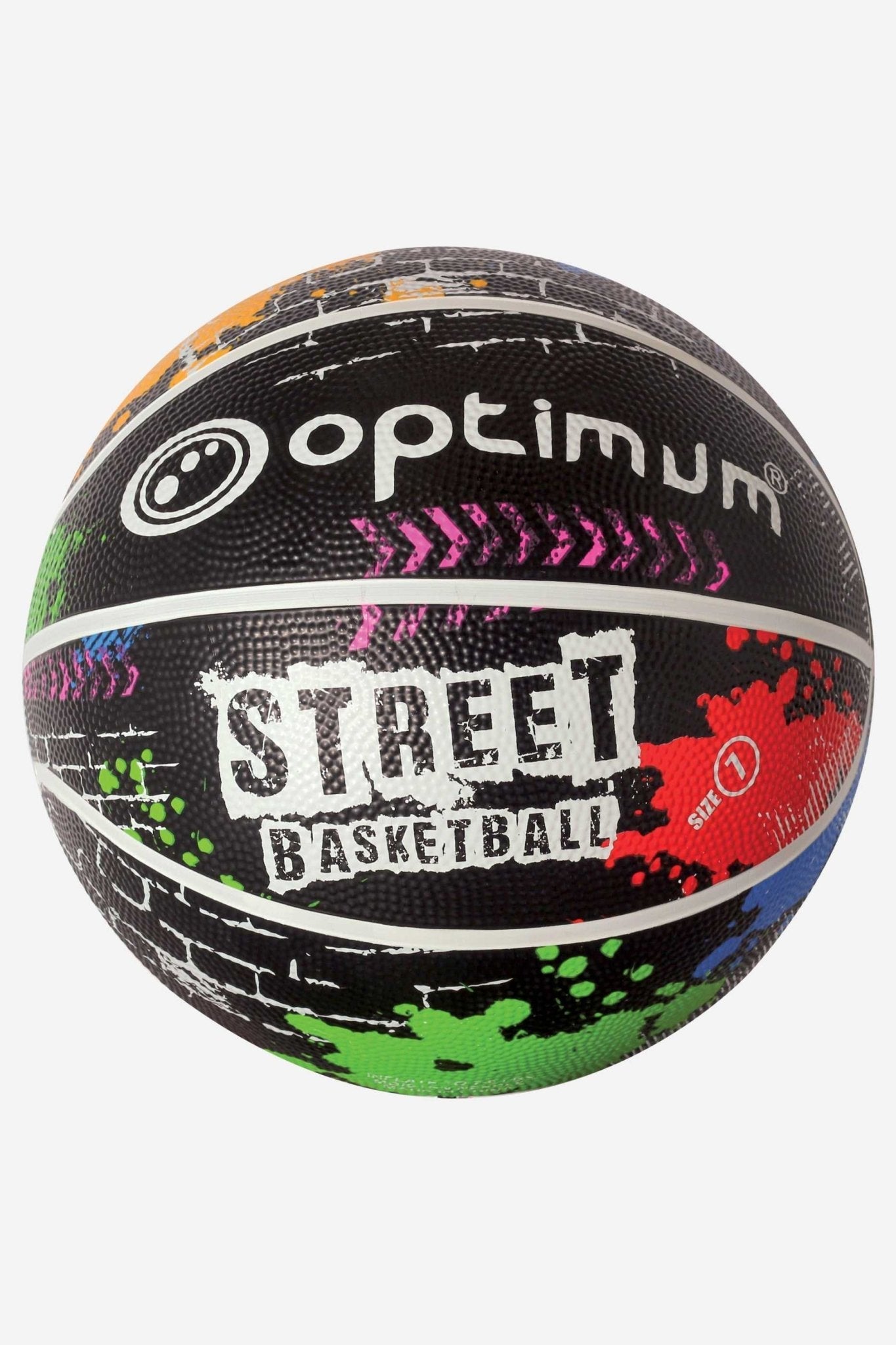 Black Street Basketball with paint-splatter print and white logo, angled on white - Optimum