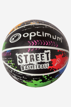 Black Street Basketball with paint-splatter print and white logo, angled on white - Optimum