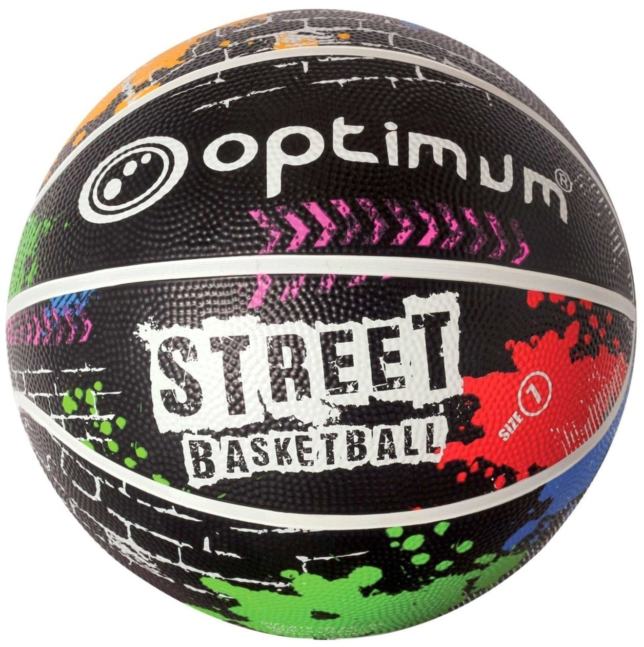 Black Street Basketball size 1 with colourful paint-splatter graffiti print, upright on white - Optimum