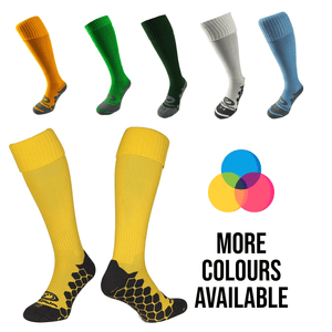 Optimum Classico knee-length football socks shown in several colours with a yellow grip-sole pair, on white - Optimum