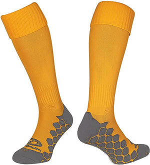 Pair of orange Optimum Classico knee-length football socks with grey grip sole, front and back, on white - Optimum