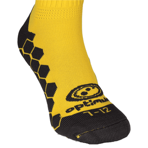 Yellow Optimum Classico sock foot close-up with black honeycomb sole, logo and 7-12 size print - Optimum