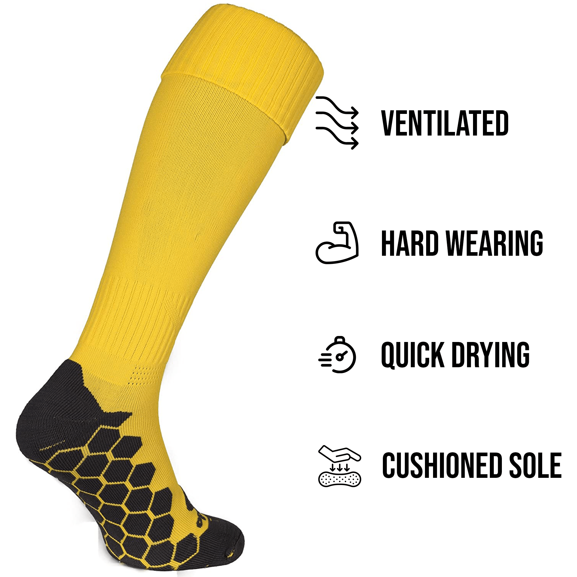 Yellow Optimum Classico knee-length sock with black honeycomb sole and ventilated, cushioned feature icons - Optimum