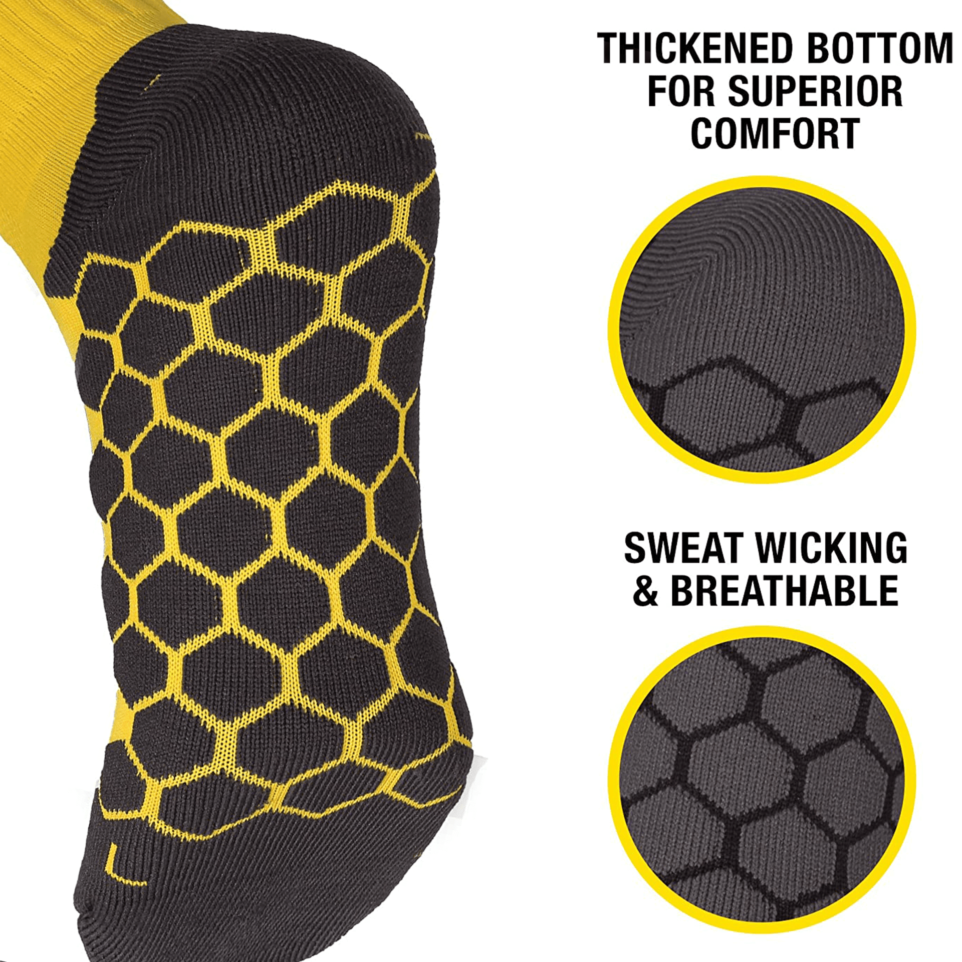 Close-up of yellow Optimum Classico sock foot with black honeycomb-grip cushioned sole, feature callouts - Optimum