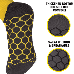 Close-up of yellow Optimum Classico sock foot with black honeycomb-grip cushioned sole, feature callouts - Optimum