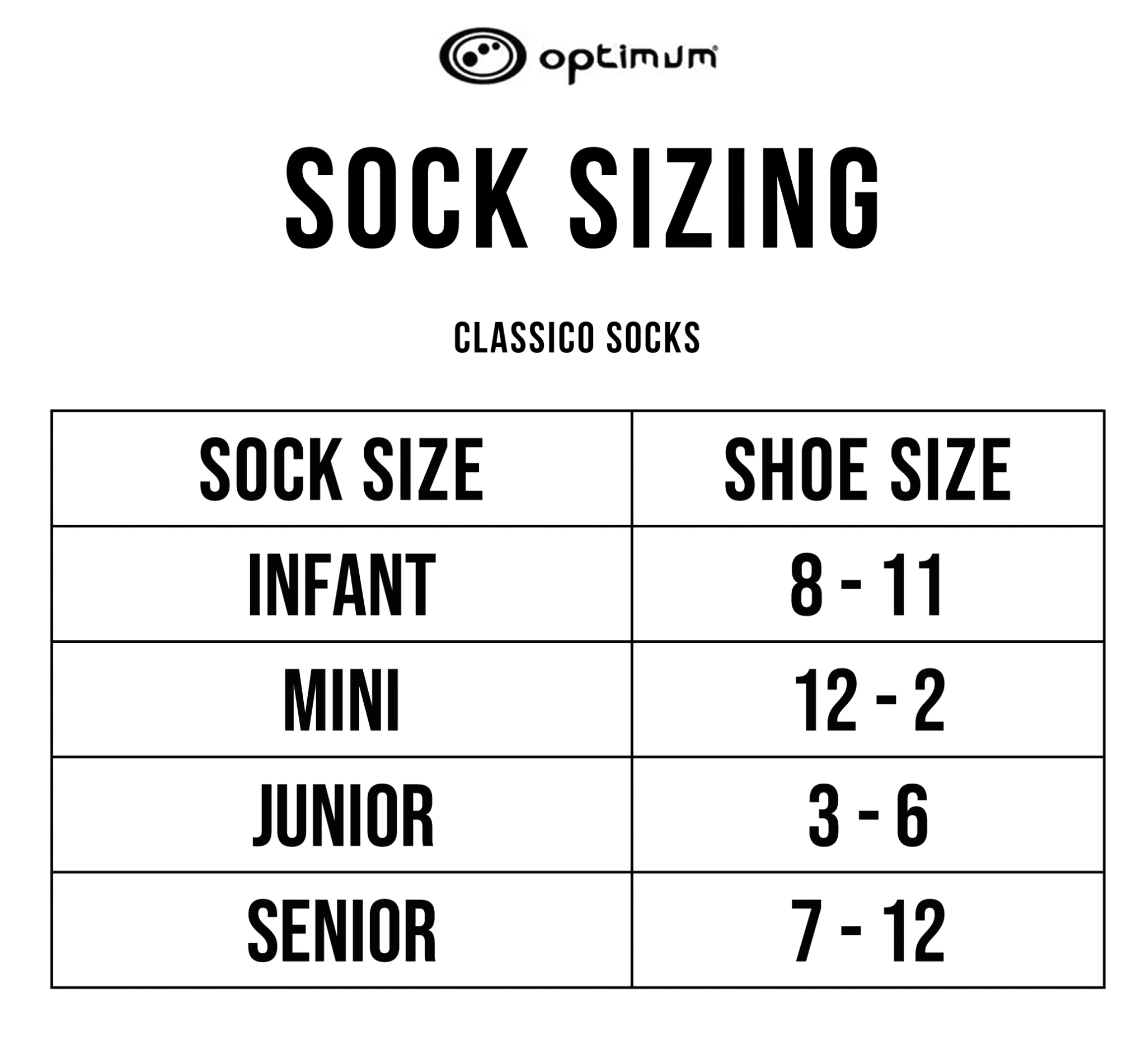Optimum Classico socks sizing chart with infant, mini, junior and senior shoe-size table on white - Optimum