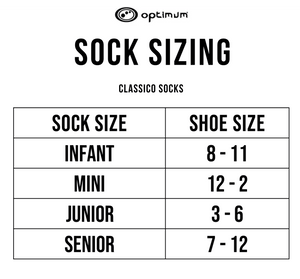 Optimum Classico socks sizing chart with infant, mini, junior and senior shoe-size table on white - Optimum