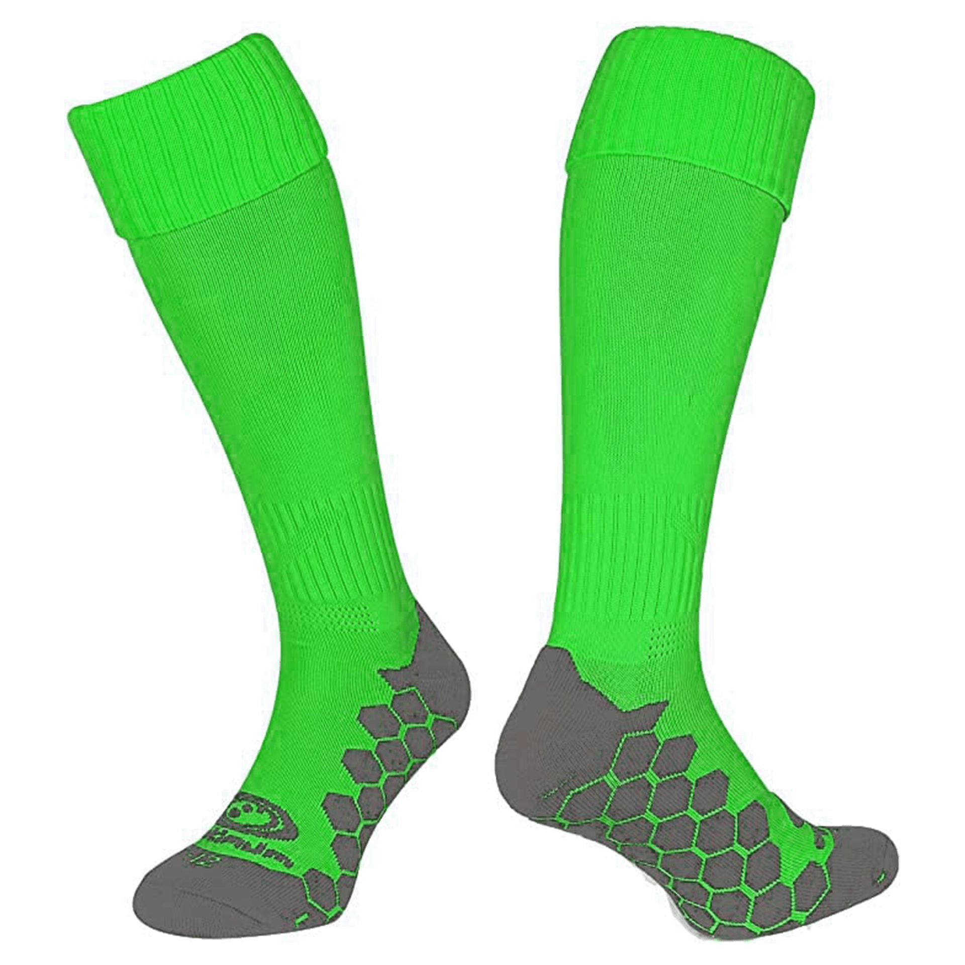 Pair of green Optimum Classico knee-length football socks with grey grip sole, front and back, on white - Optimum