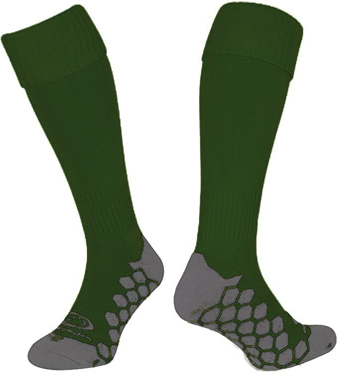 Pair of bottle green Optimum Classico knee-length football socks with grey grip sole, front and back, on white - Optimum