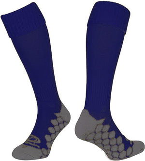 Pair of navy Optimum Classico knee-length football socks with grey grip sole, front and back, on white - Optimum