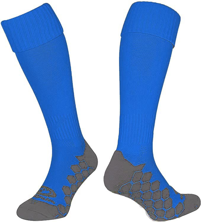Pair of royal blue Optimum Classico knee-length football socks with grey grip sole, front and back, on white - Optimum