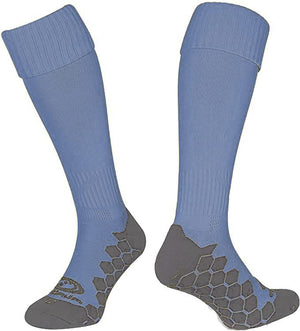Blue Optimum Classico knee-length football socks, pair showing grey cushioned hexagonal-grip soles on white - Optimum