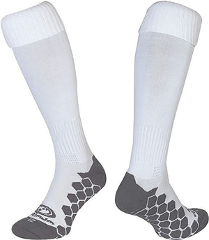 White Optimum Classico knee-length football socks, pair with grey cushioned soles and logo on white - Optimum