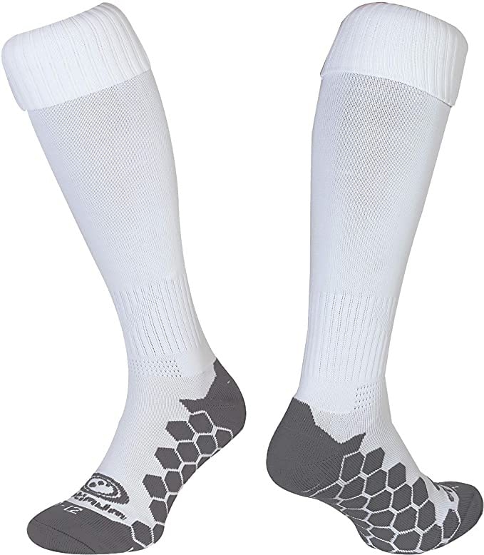 White Optimum Classico knee-length football socks, pair with grey cushioned soles and logo on white - Optimum