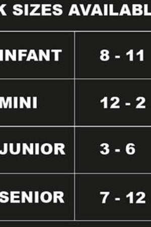 Classico sock size chart graphic: Infant, Mini, Junior and Senior UK sizes - Optimum