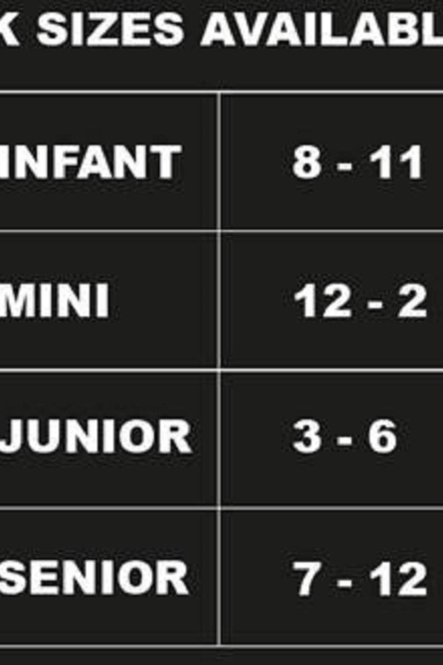 Classico sock size chart graphic: Infant, Mini, Junior and Senior UK sizes - Optimum