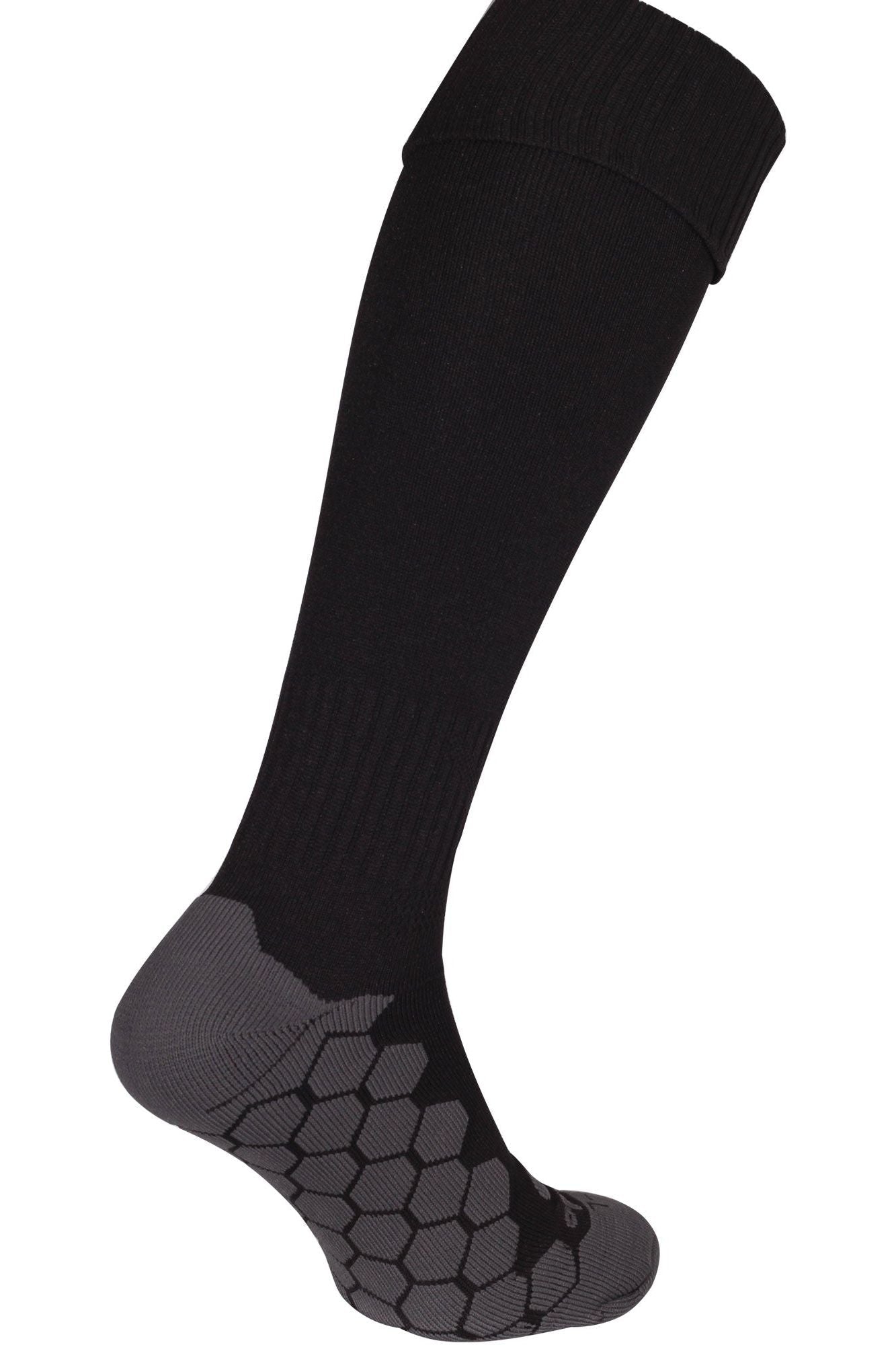 Single black Classico football sock, side view showing grey hexagonal grip sole on white - Optimum