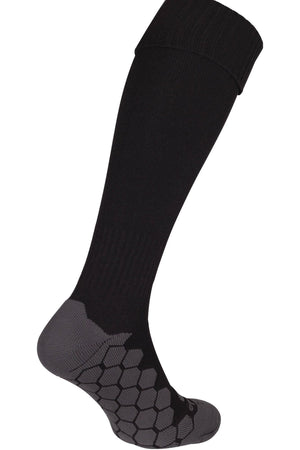 Single black Classico football sock, side view showing grey hexagonal grip sole on white - Optimum