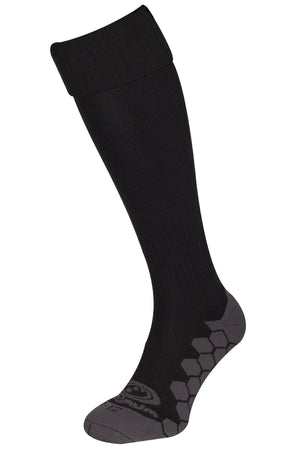 Single black Classico football sock, side view with grey hexagonal grip sole on white - Optimum