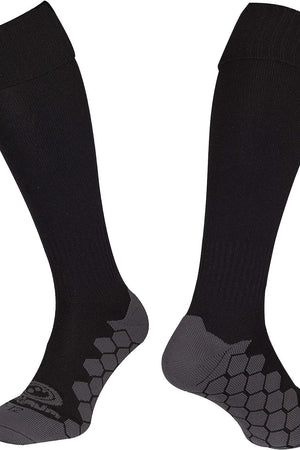 Pair of black Classico football socks with grey hexagonal grip footbed on white - Optimum