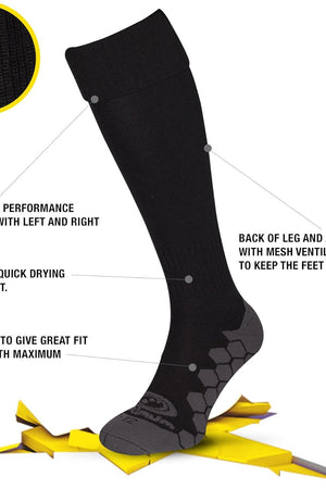 Black Classico sock feature graphic with labelled performance, quick-drying and mesh callouts - Optimum
