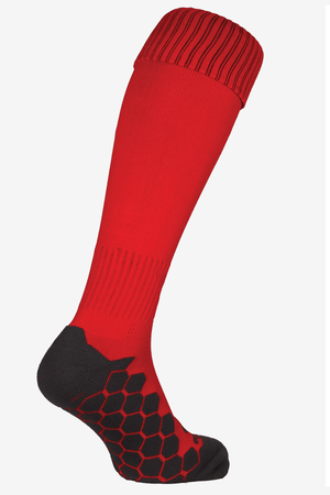 Single red Classico football sock, side view showing black hexagonal grip sole on white - Optimum