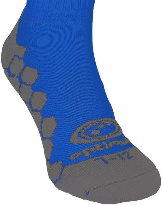 Close-up of royal blue Classico sock grey grip sole with Optimum logo and 7-12 size - Optimum