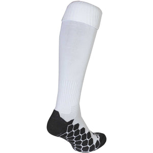 Single white Classico football sock, angled rear view with black hexagonal grip sole - Optimum
