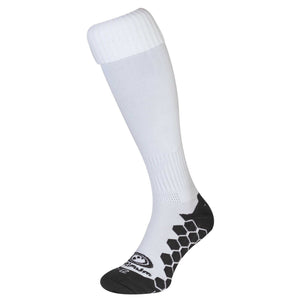 Single white Classico football sock, side view with black hexagonal grip sole on white - Optimum