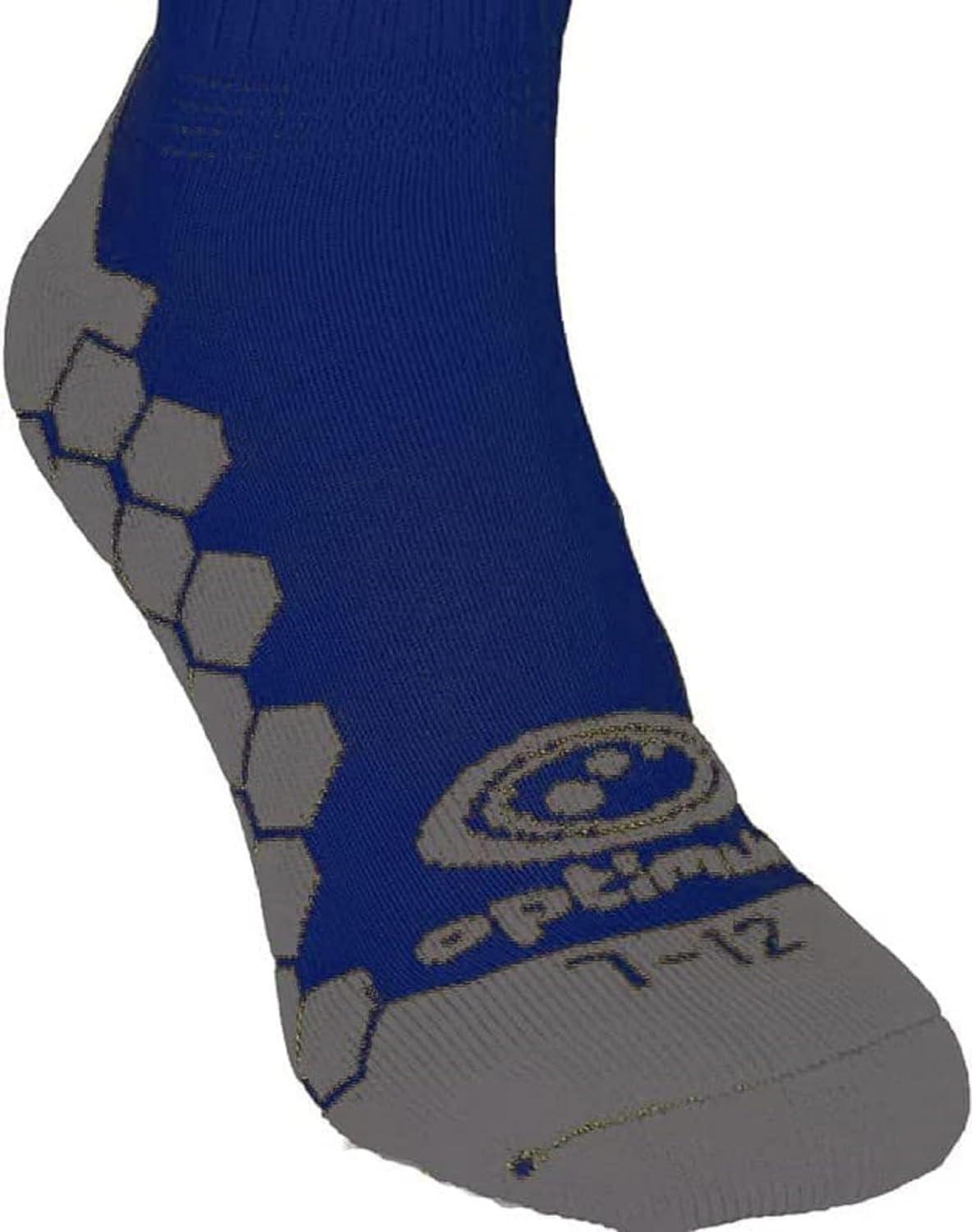 Close-up of navy Classico sock grey grip sole with Optimum logo and 7-12 size - Optimum