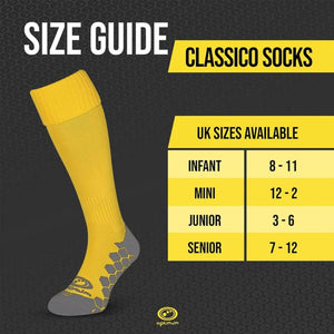 Classico socks size guide graphic with yellow sock and UK sizes table - Optimum