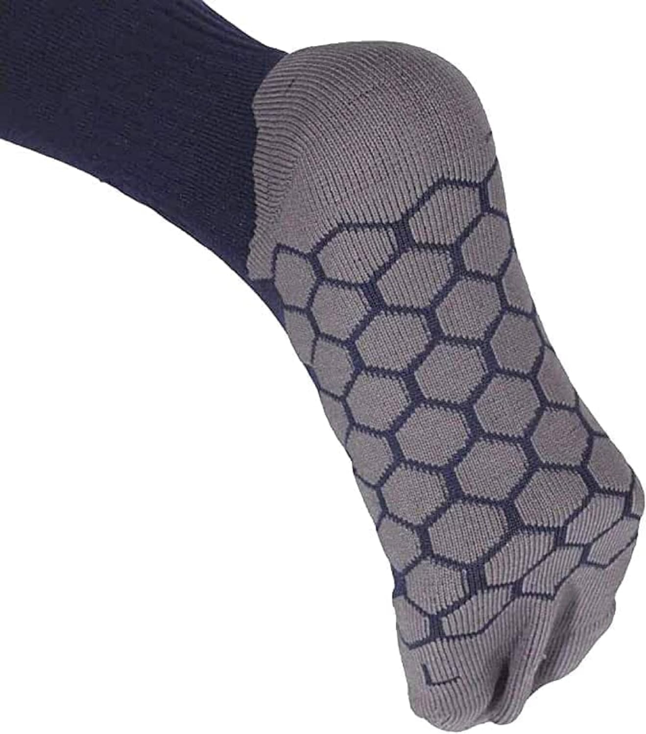 Close-up of navy Classico sock grey hexagonal grip footbed on white - Optimum